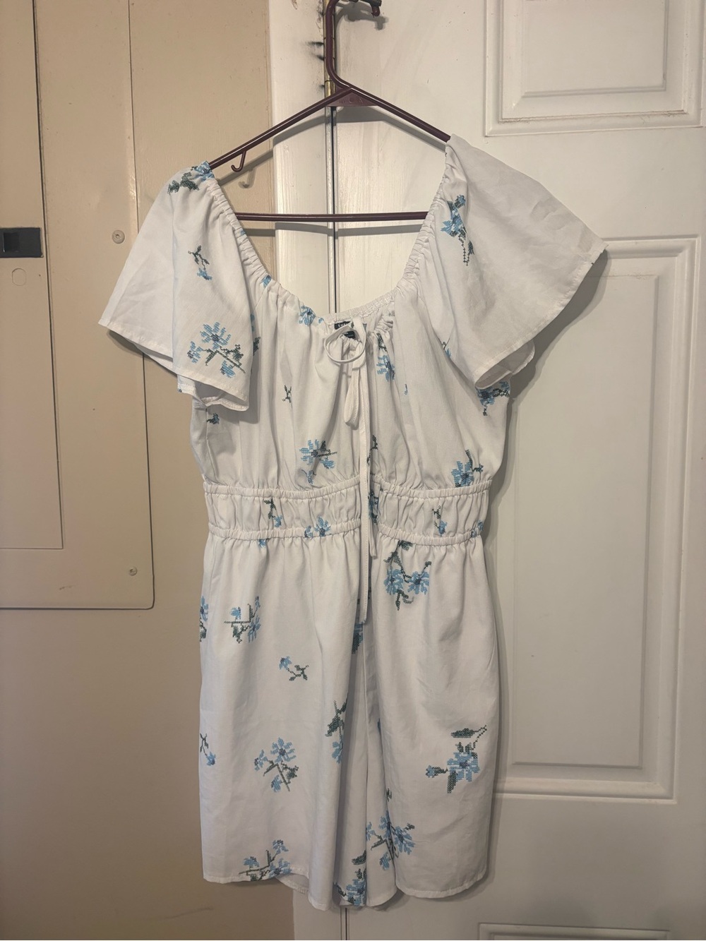 SHEIN White Off-Shoulder Top with Blue Floral Embroidery
